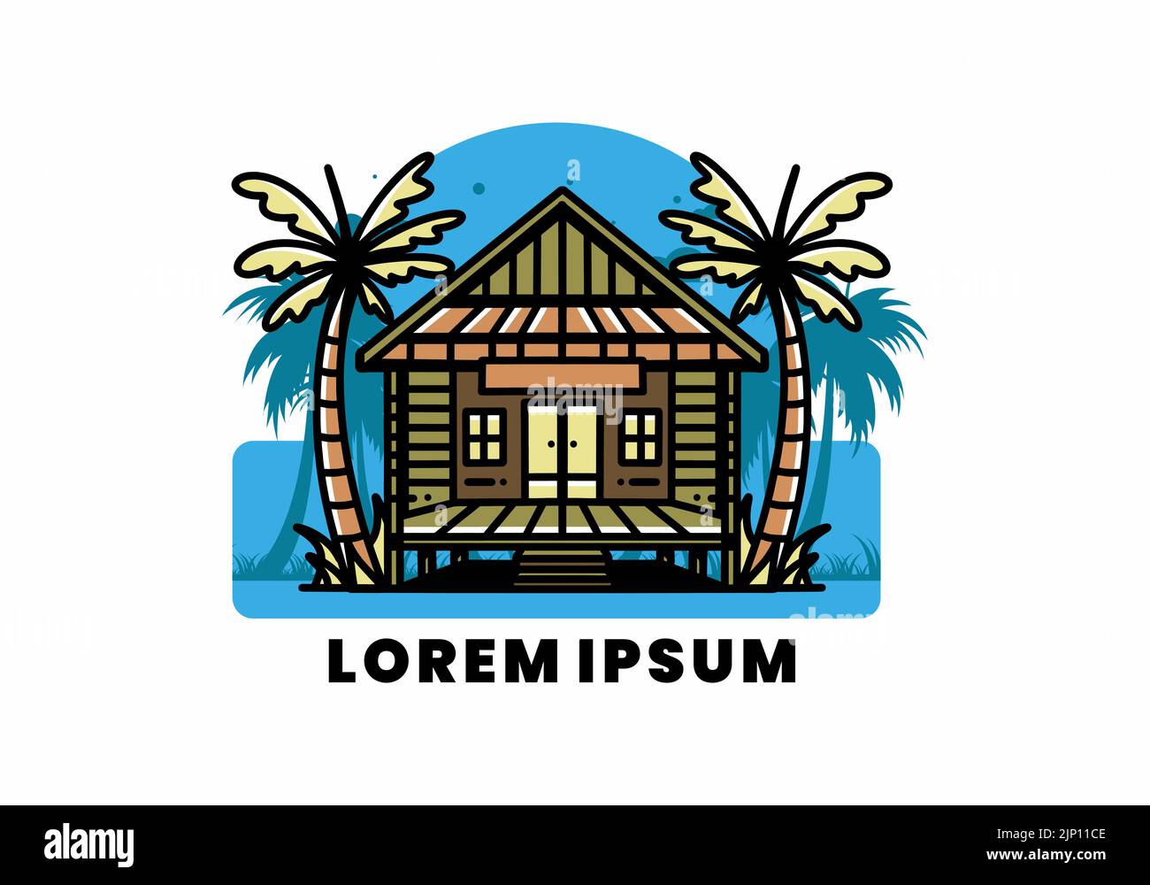 illustration badge design of a Wood house on the beach Stock Vector