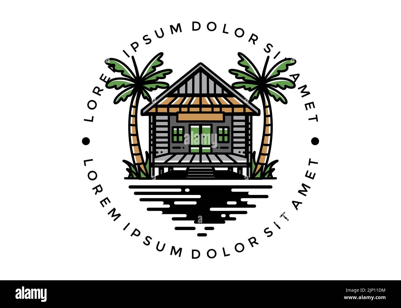 illustration badge design of a Wood house on the beach Stock Vector