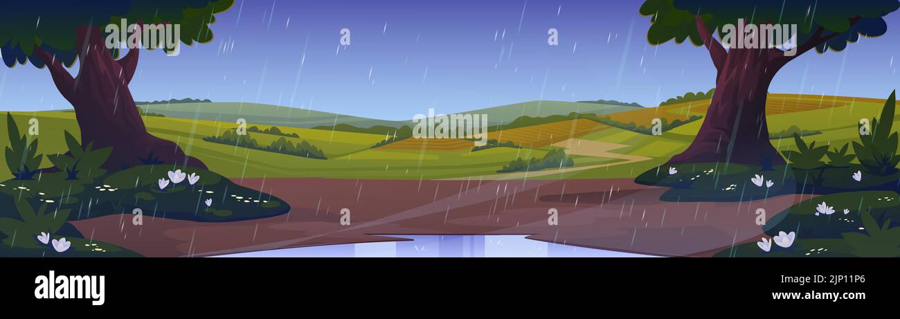 Rain in countryside with agriculture fields and trees. Vector cartoon ...