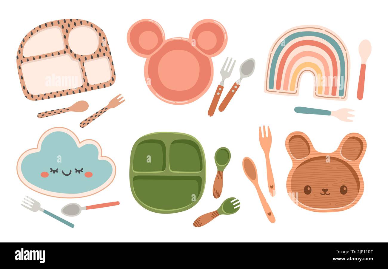 Kid tableware set children dish flat design vector Stock Vector