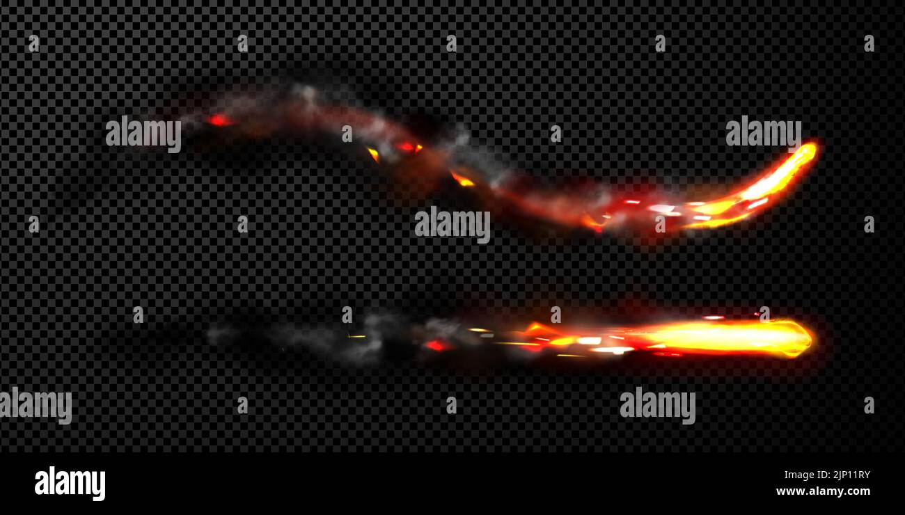 Missile effect, rocket fire trails with black smoke, spacecraft startup launch, space jet flames. Realistic 3d vector airplane take off or ballistic burst tracks isolated on transparent background Stock Vector