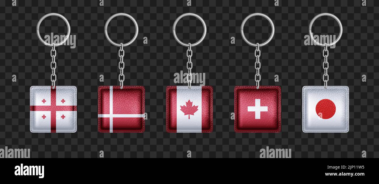 Keychains with Georgia, Denmark, Canada, Switzerland and Japan flags. Metal square keyring holders with country symbolic, isolated accessories or souvenir pendants mock up, Realistic 3d vector set Stock Vector