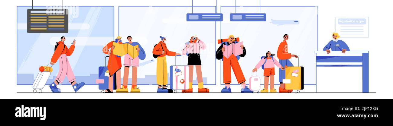 Passengers standing in queue to check desk in airport terminal. People with suitcases, phone, map and backpacks waiting in line to registration for departure, Vector flat illustration Stock Vector