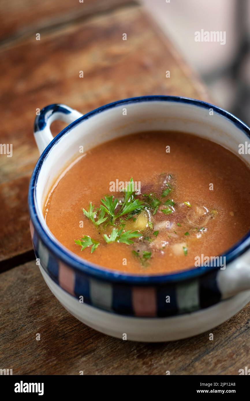 spanish traditional gazpacho cold vegetable soup in rustic seville