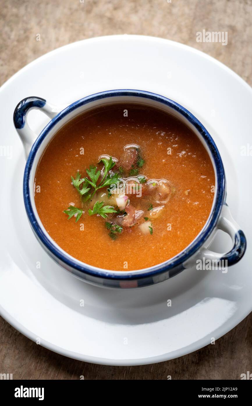 spanish traditional gazpacho cold vegetable soup in rustic seville