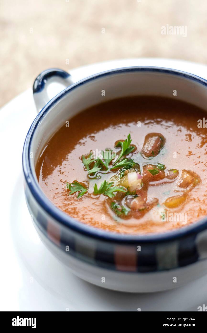 spanish traditional gazpacho cold vegetable soup in rustic seville