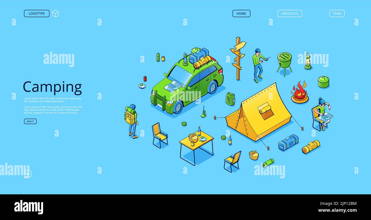 Isometric landing page for camping business. Vector illustration of travel accessories, car loaded with baggage, tourist with backpack, woman studying map, man cooking barbecue near tent and fireplace Stock Vector