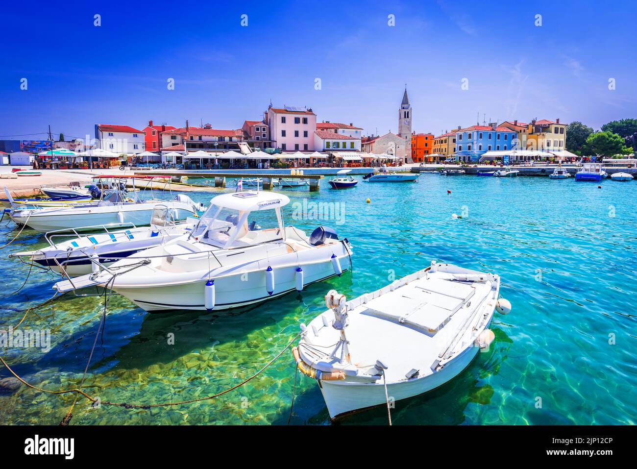 Fazana, Croatia. Marina of idyllic small town Fazana, waterfront view on Istria peninsula of Adriatic Sea. Stock Photo