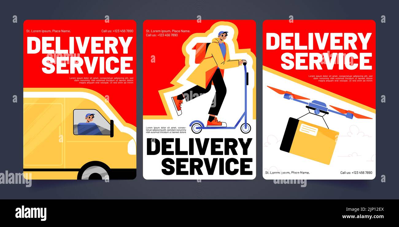 Delivery service cartoon banners, postman on car or scooter and drone deliver goods to customers ...
