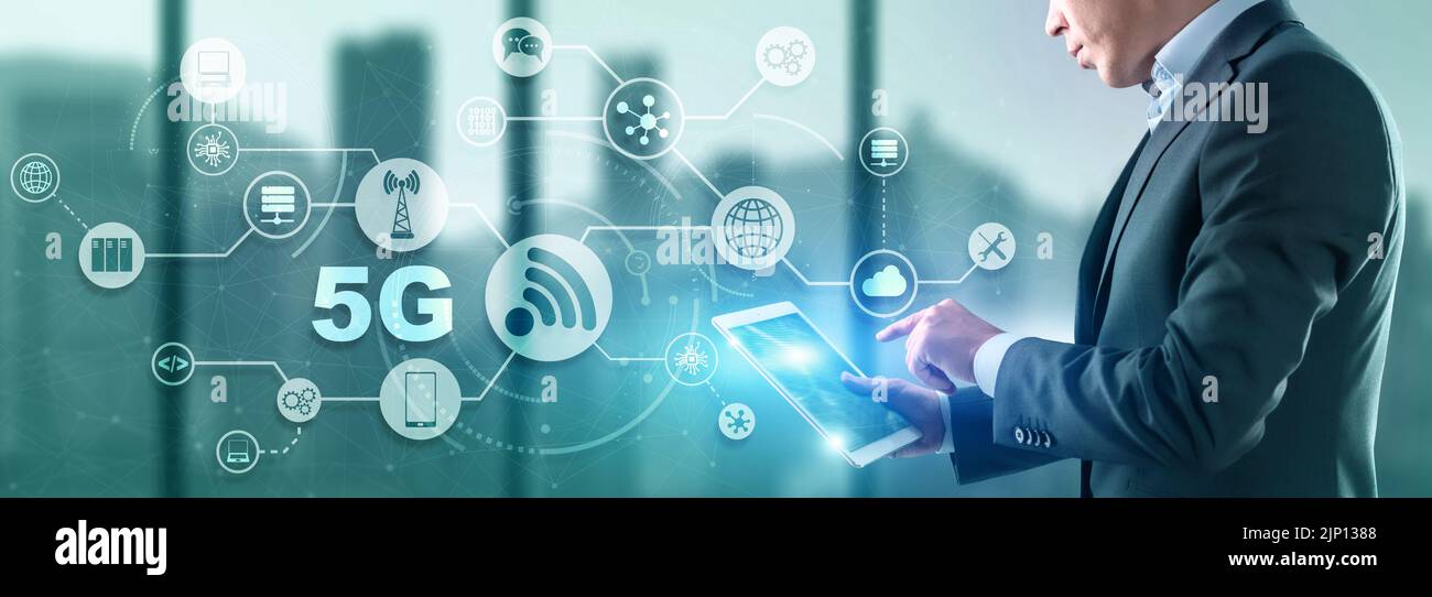 5G Network Wireless Internet concept. Man touching 3D icon 5G Stock Photo