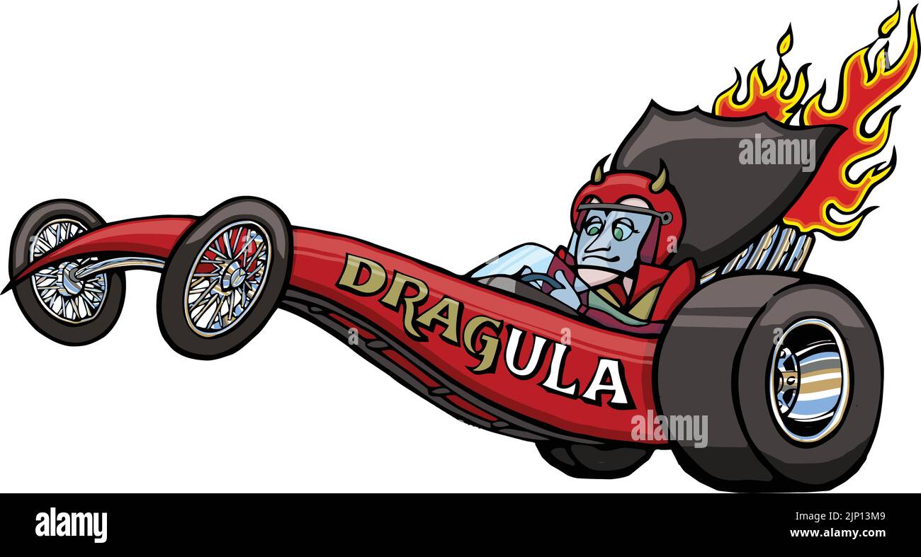 cartoon vampire driving a blood red race car Stock Vector