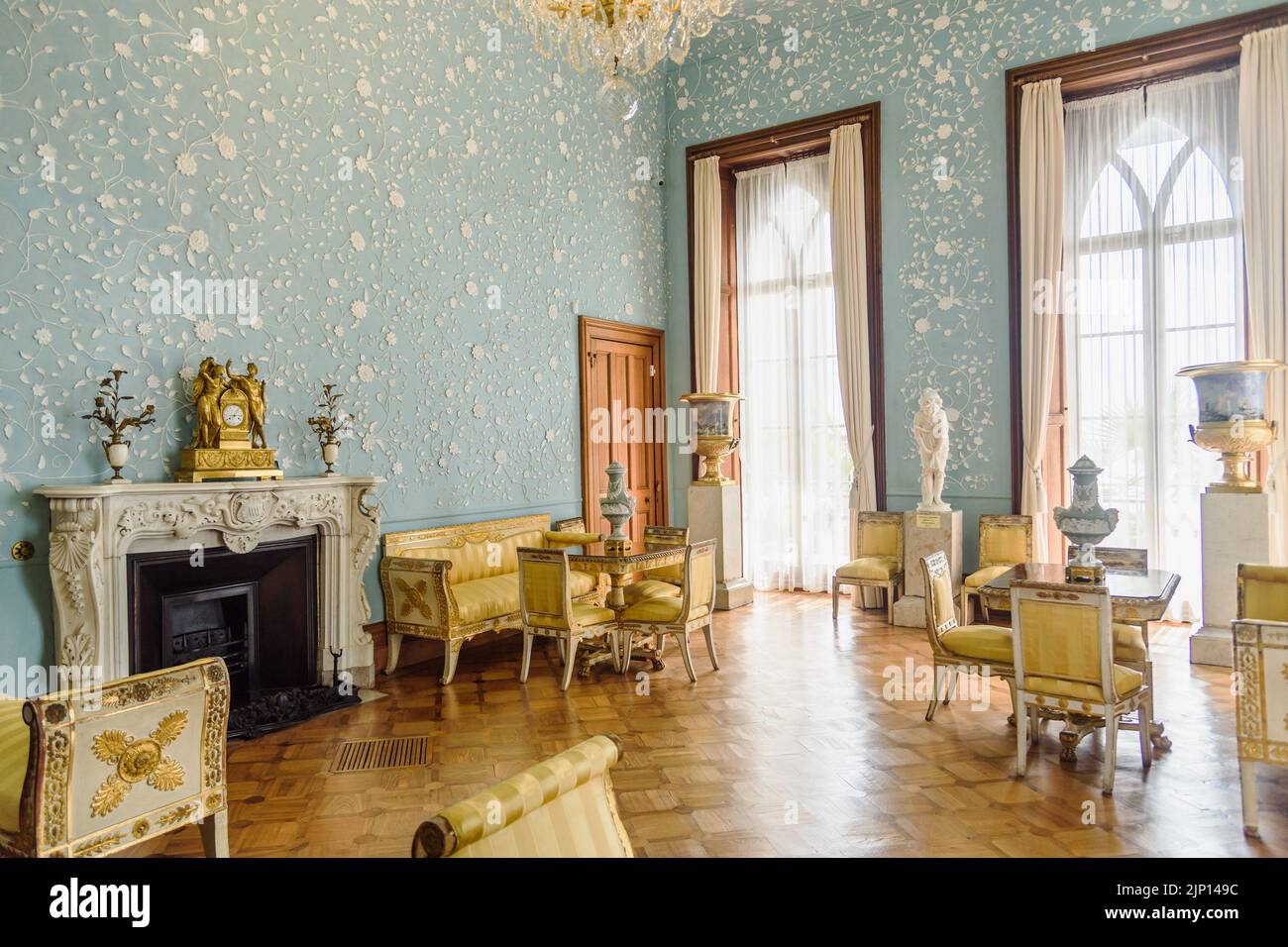 Alupka, Crimea - March 19, 2021: Blue Drawing Room in Vorontsov Palace Stock Photo