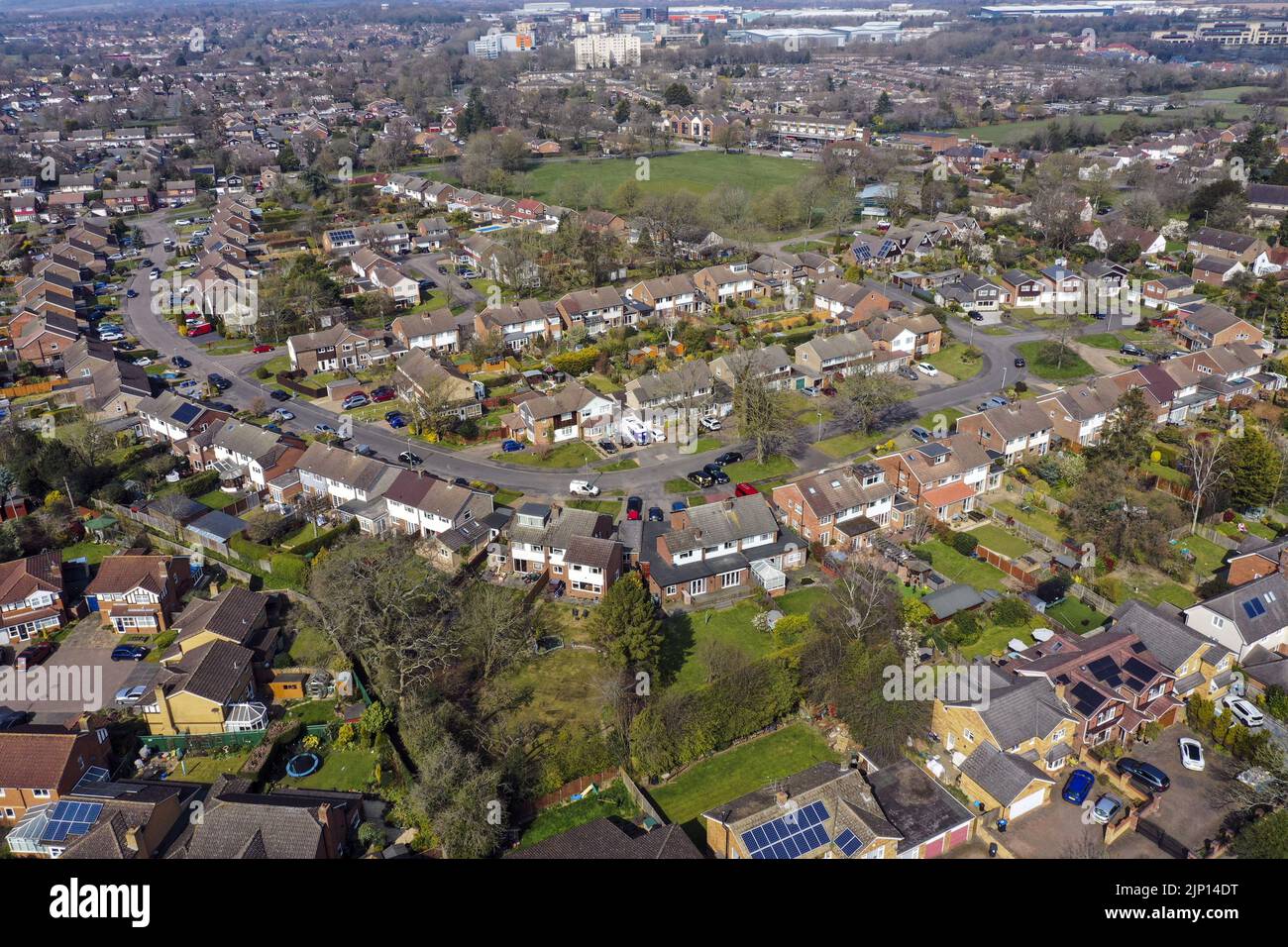 File photo dated 14/03/22 of aerial view of Leverstock Green, near Hemel Hempstead, as the average price tag on a home coming on the market has dipped by nearly £5,000 month-on-month, marking the first fall this year so far, according to a property website. Stock Photo