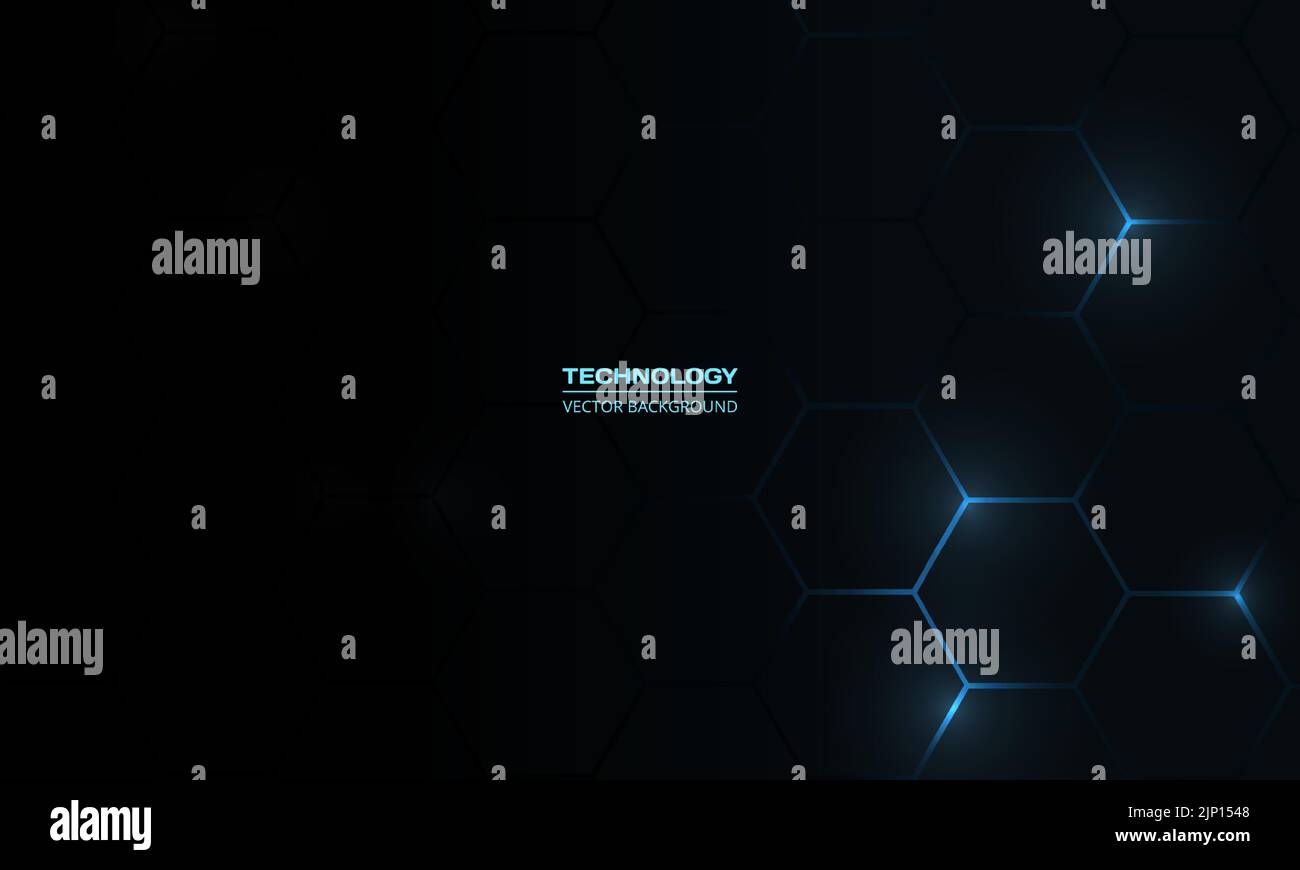 Black abstract technology background with neon blue hexagonal lines ...