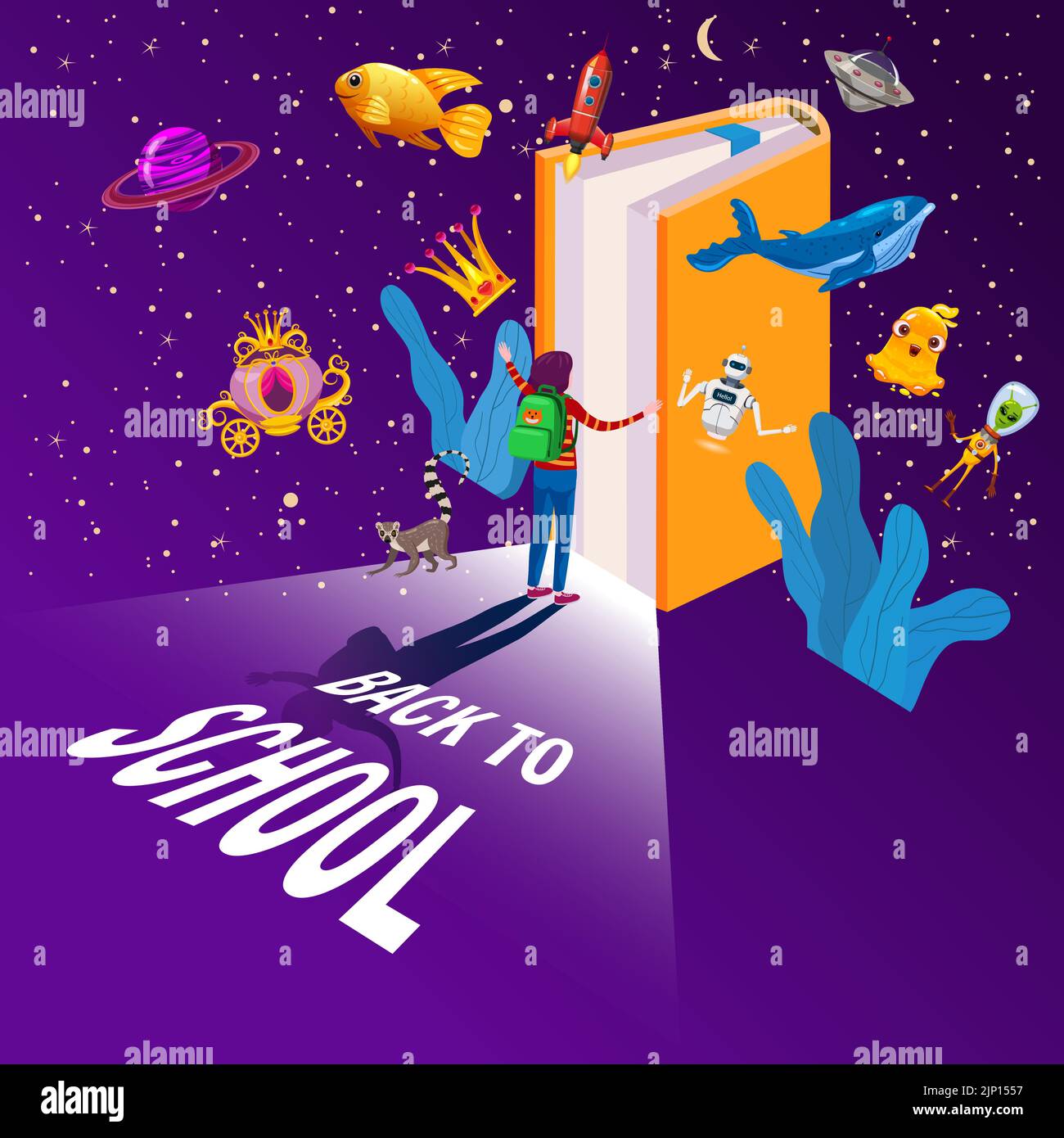 Back to school, Book Inspiration poster. Kids space imagination Stock Vector
