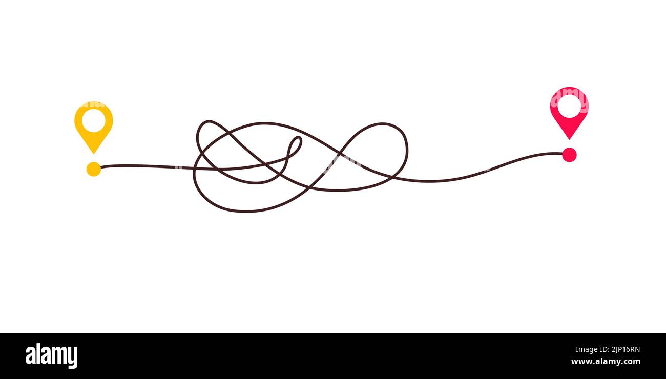 Complicated way and simple path from point A to B. Plans and real life chaos simplifying. Curved dashed line. Vector illustration Stock Vector