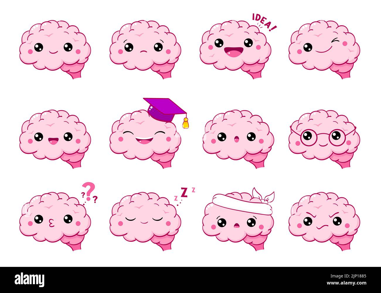 Set of Kawaii Brain Cartoon Character. Collection of human brains with different mood. Set of brainy characters in different expressions - happy, sad, Stock Vector