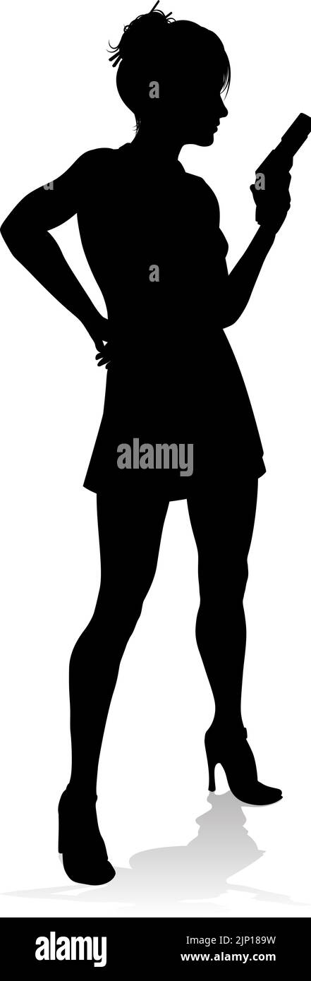Silhouette Woman Female Movie Action Hero With Gun Stock Vector