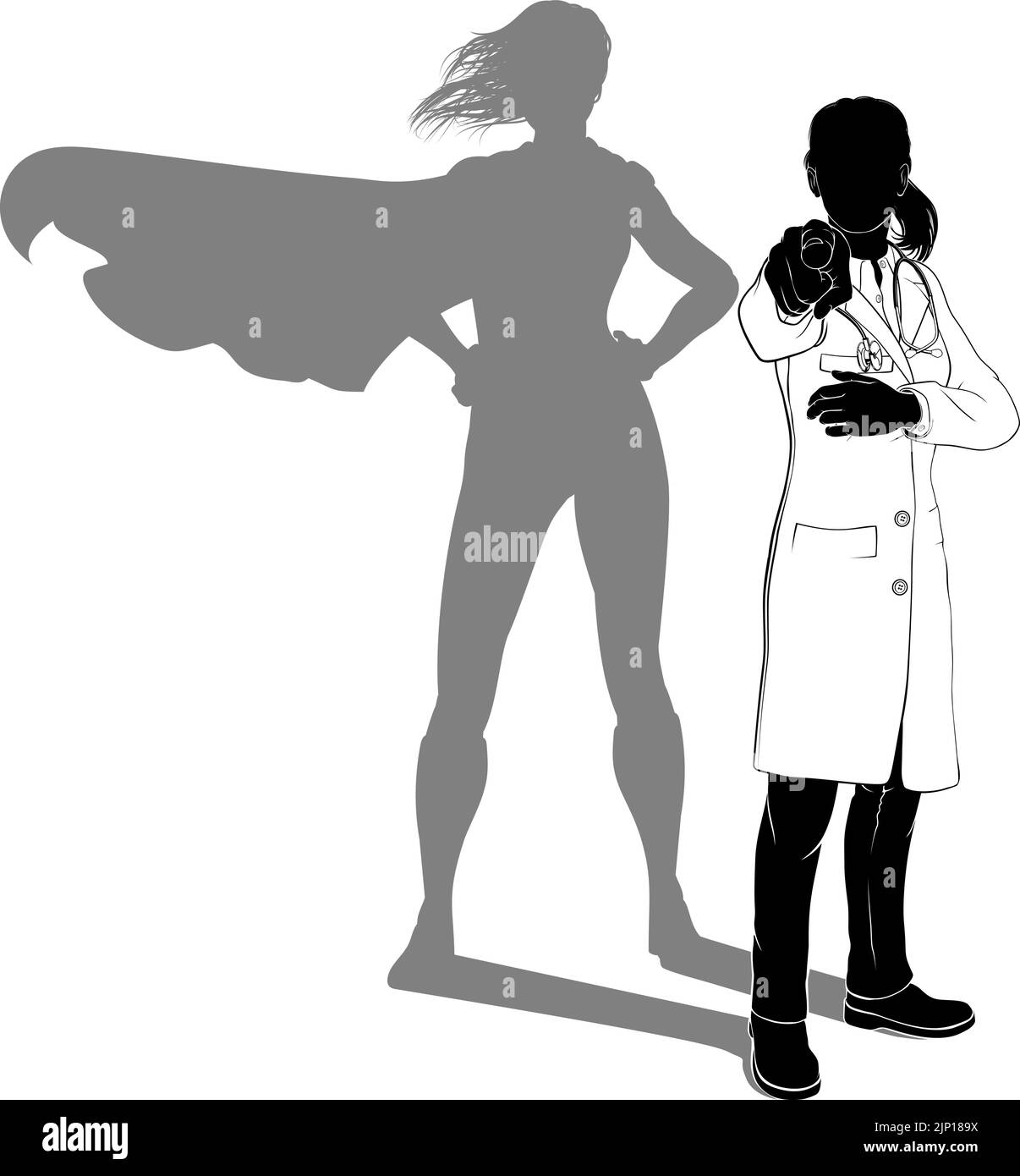 Doctor Woman Ponting Silhouette Super Hero Shadow Stock Vector