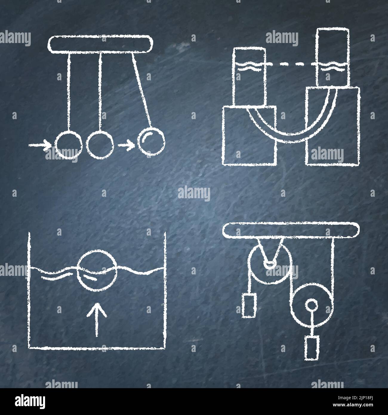 Physics icon set on chalkboard. Newton cradle, communicating vessels