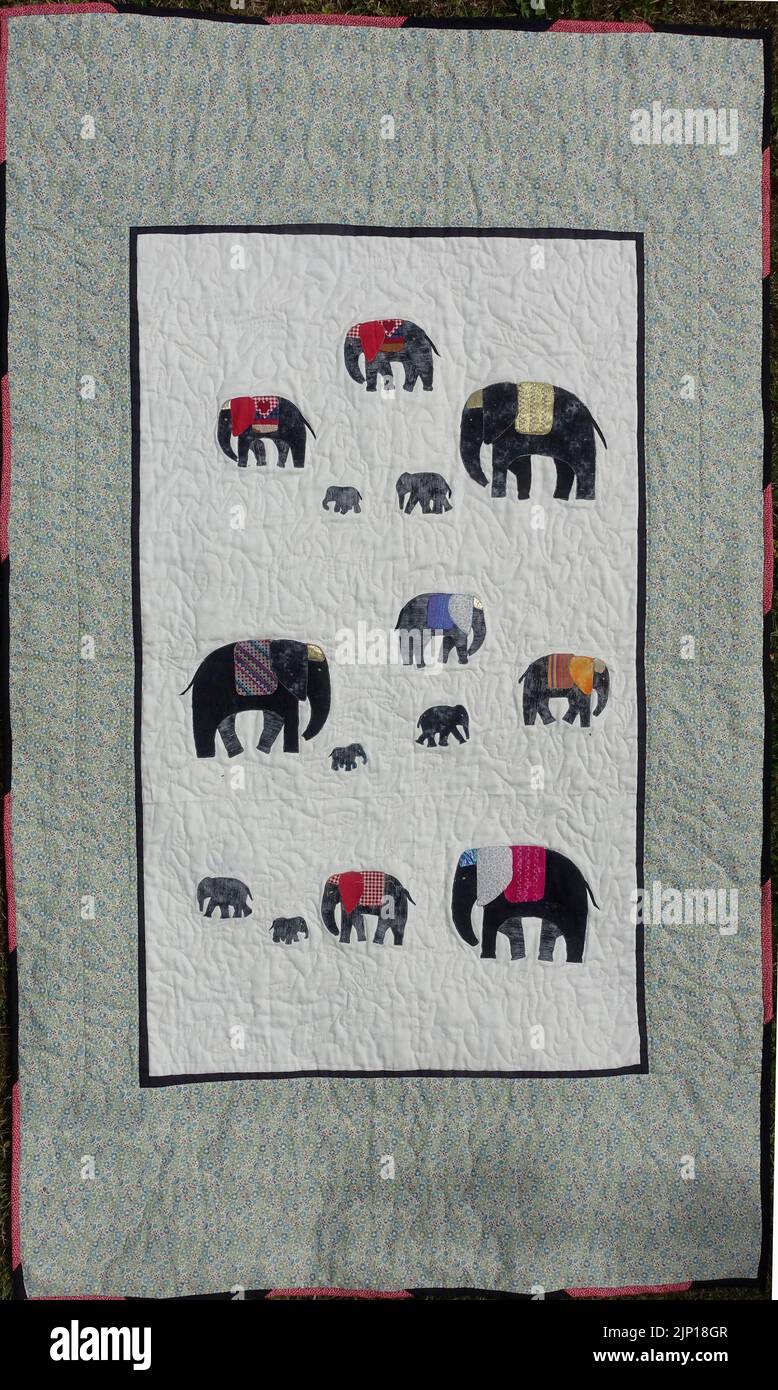 Memoriall Elephant hand made patchwork quilt Aug 2022 Stock Photo