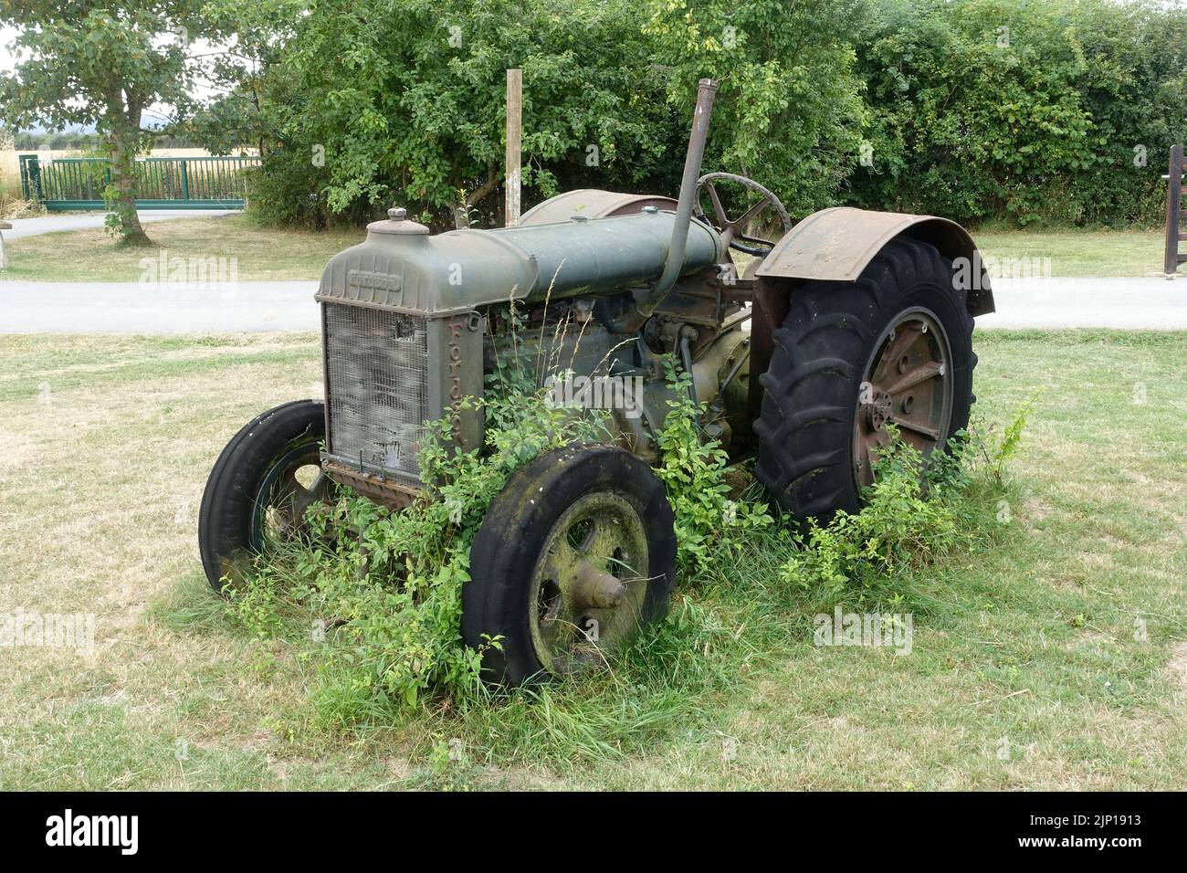Old green Fordson tractor parked at entrance to fram with vegetation growing over it Chewltenham UK Stock Photo