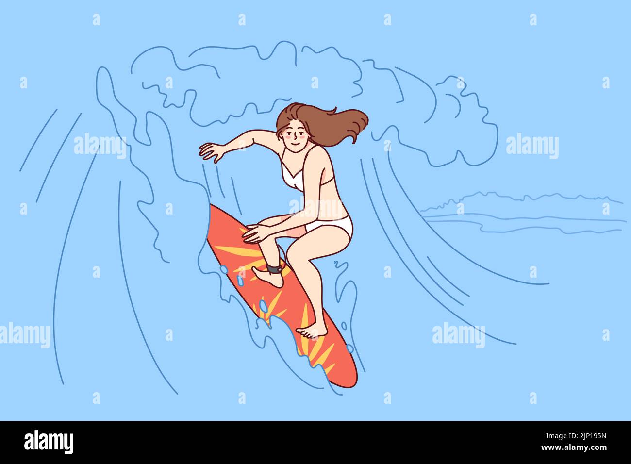 Happy woman in bikini surfing on waves in ocean on board. Smiling