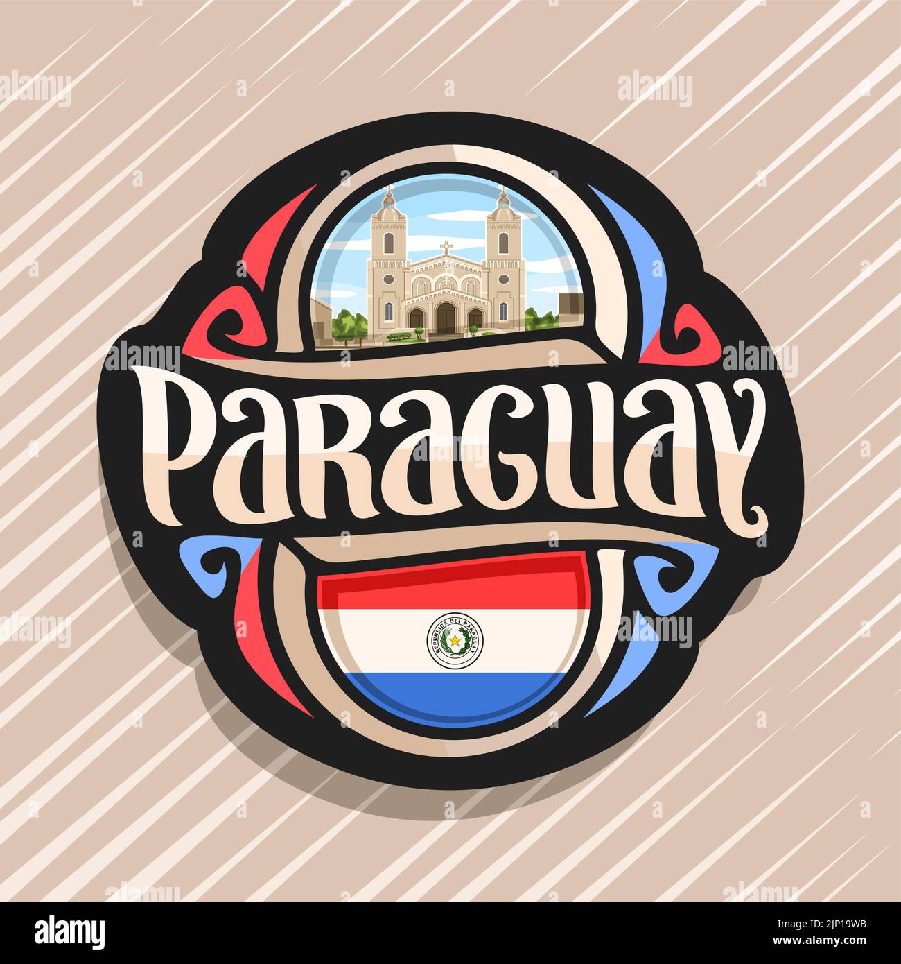 Vector logo for Paraguay country, fridge magnet with paraguayan flag, original brush typeface for word paraguay and national paraguayan symbol - Cathe Stock Vector
