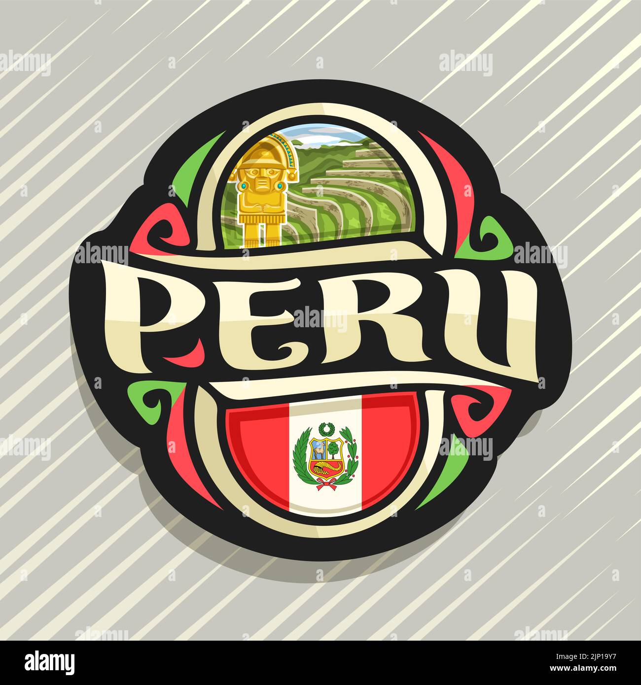 Vector logo for Peru country, fridge magnet with peruvian state flag, original brush typeface for word peru and national peruvian symbols - ancient in Stock Vector