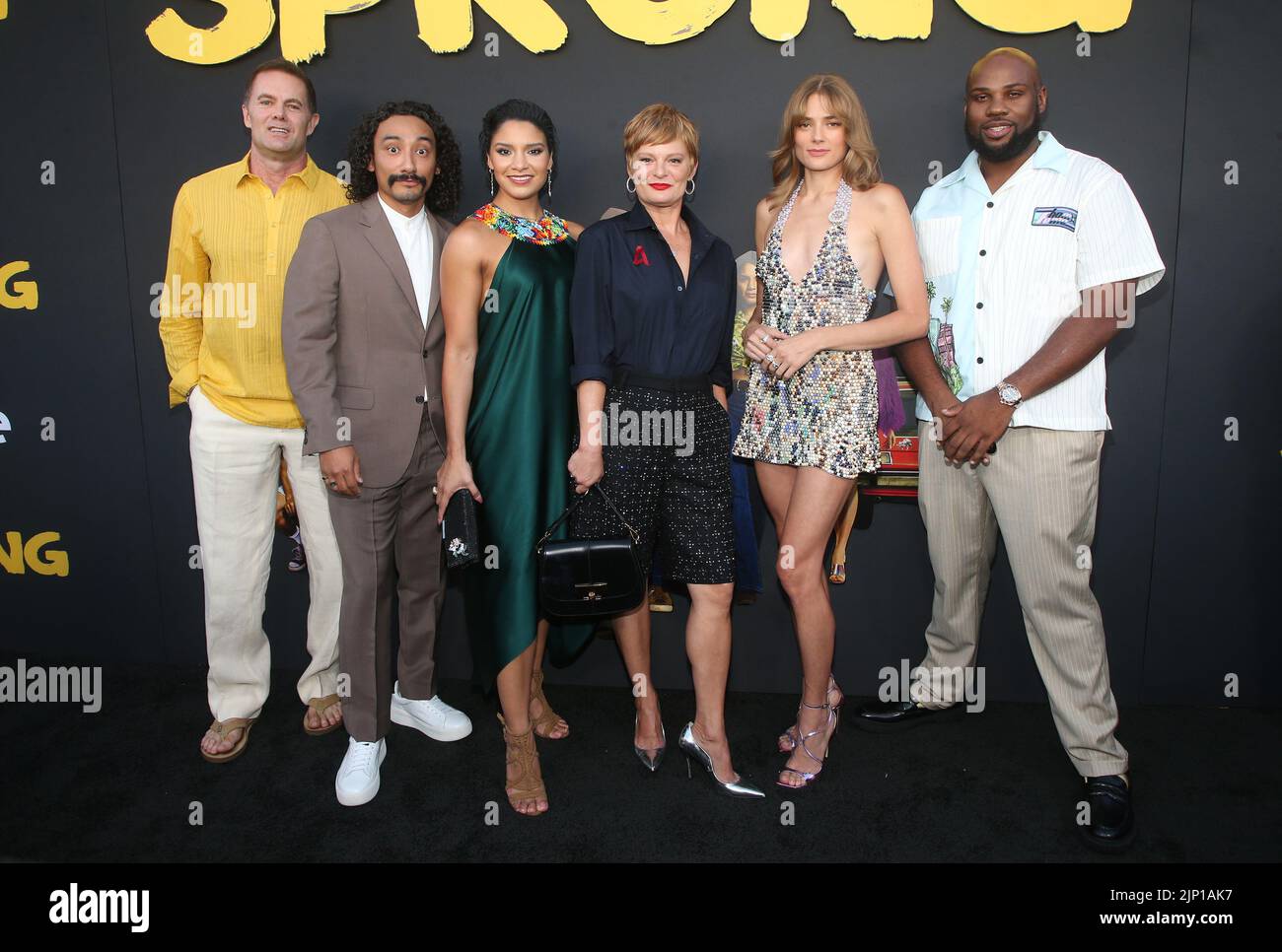 Los Angeles, California, USA. 14th Aug, 2022. Garret Dillahunt, Martha Plimpton, Phillip Garcia, Shakira Barrera, Clare Gillies, James Earl, Ever Carradine. Red Carpet Premiere Of Freevee's 'Sprung' held at the Hollywood Forever Cemetery in Los Angeles. Credit: AdMedia Photo via/Newscom/Alamy Live News Stock Photo