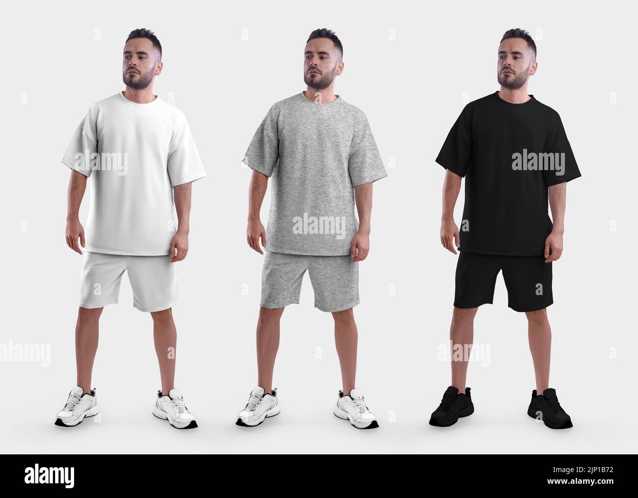 Mockup of a white, black, heather oversized suit, t-shirt, shorts on a guy in sneakers, isolated on background, front. Set of stylish male clothes for Stock Photo