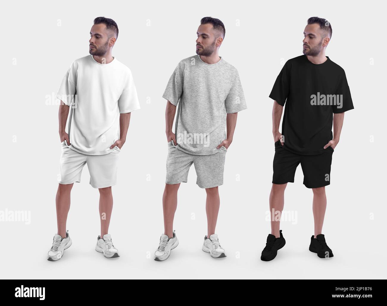 Mockup of white, black, heather oversized suit, t-shirt, shorts on a posing guy in sneakers, front, isolated on background. Template of fashion male c Stock Photo