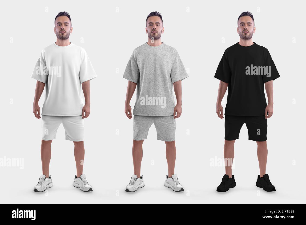 Template of white, black, heather oversized t-shirt, shorts on a posing brutal man in sneakers, front, isolated on background. Set of clothes. Male cl Stock Photo
