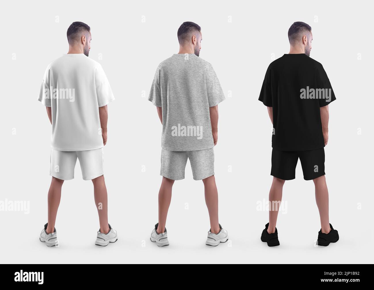 Oversized suit mockup, white, black, heather t-shirt, shorts on a guy in sneakers, back view, isolated on background. Male clothing template with plac Stock Photo