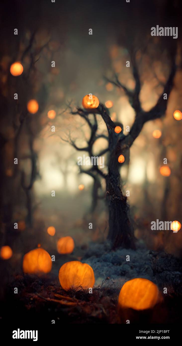 Creepy pumpkins in the night forest. Halloween celebration background concept Stock Photo