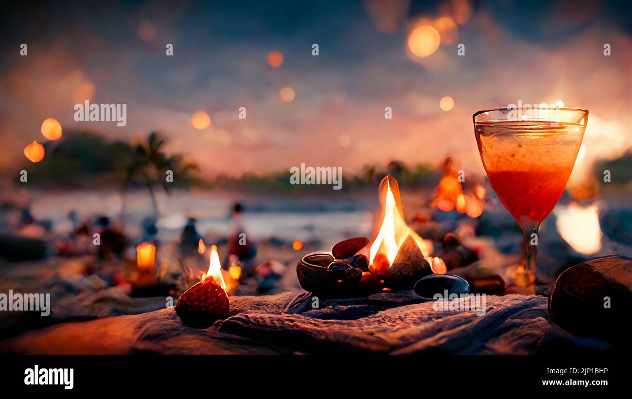 Burning lights and bonfire on a tropical beach with cocktail, ocean and palm trees, group of people on background. Romantic date concept. Abstract pai Stock Photo