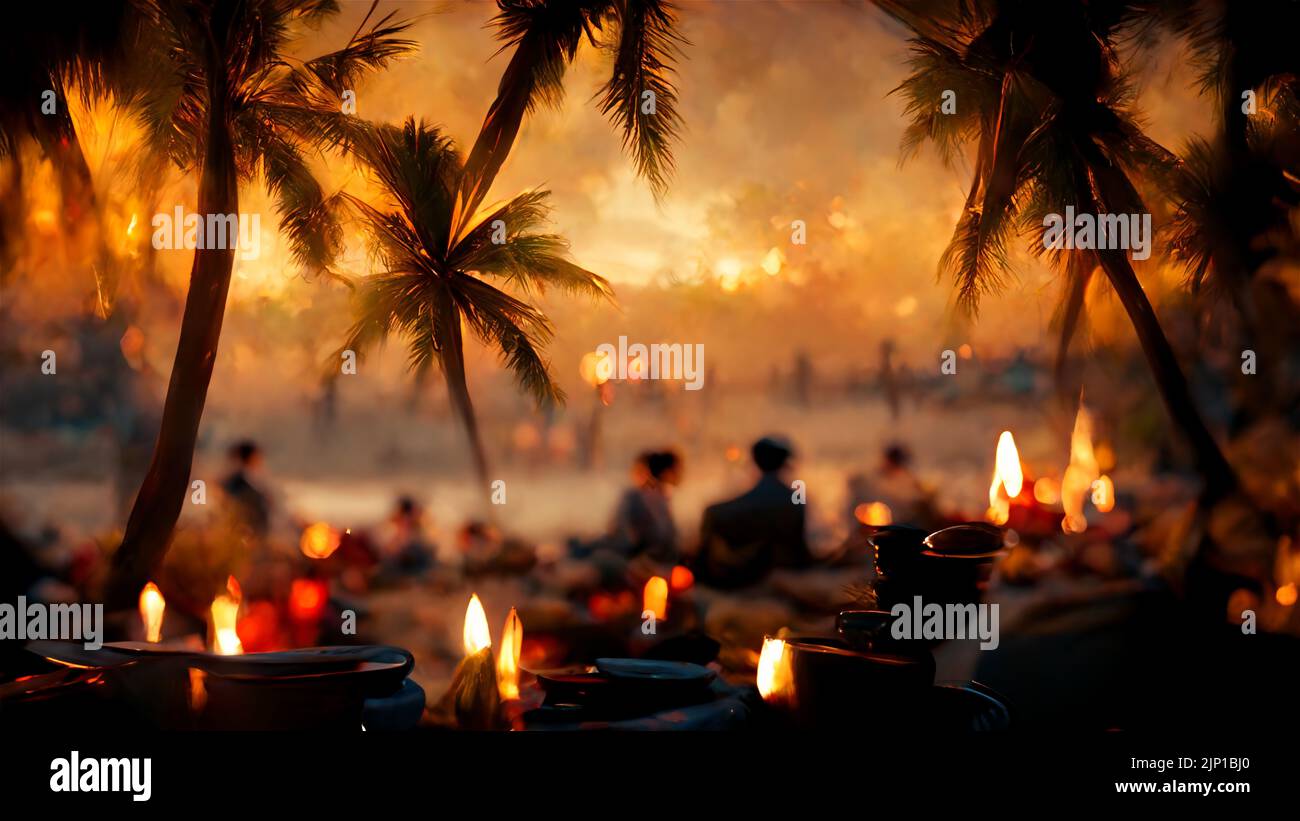 Burning lights and bonfire on a tropical beach with ocean and palm trees, group of people on background. Abstract painting Stock Photo