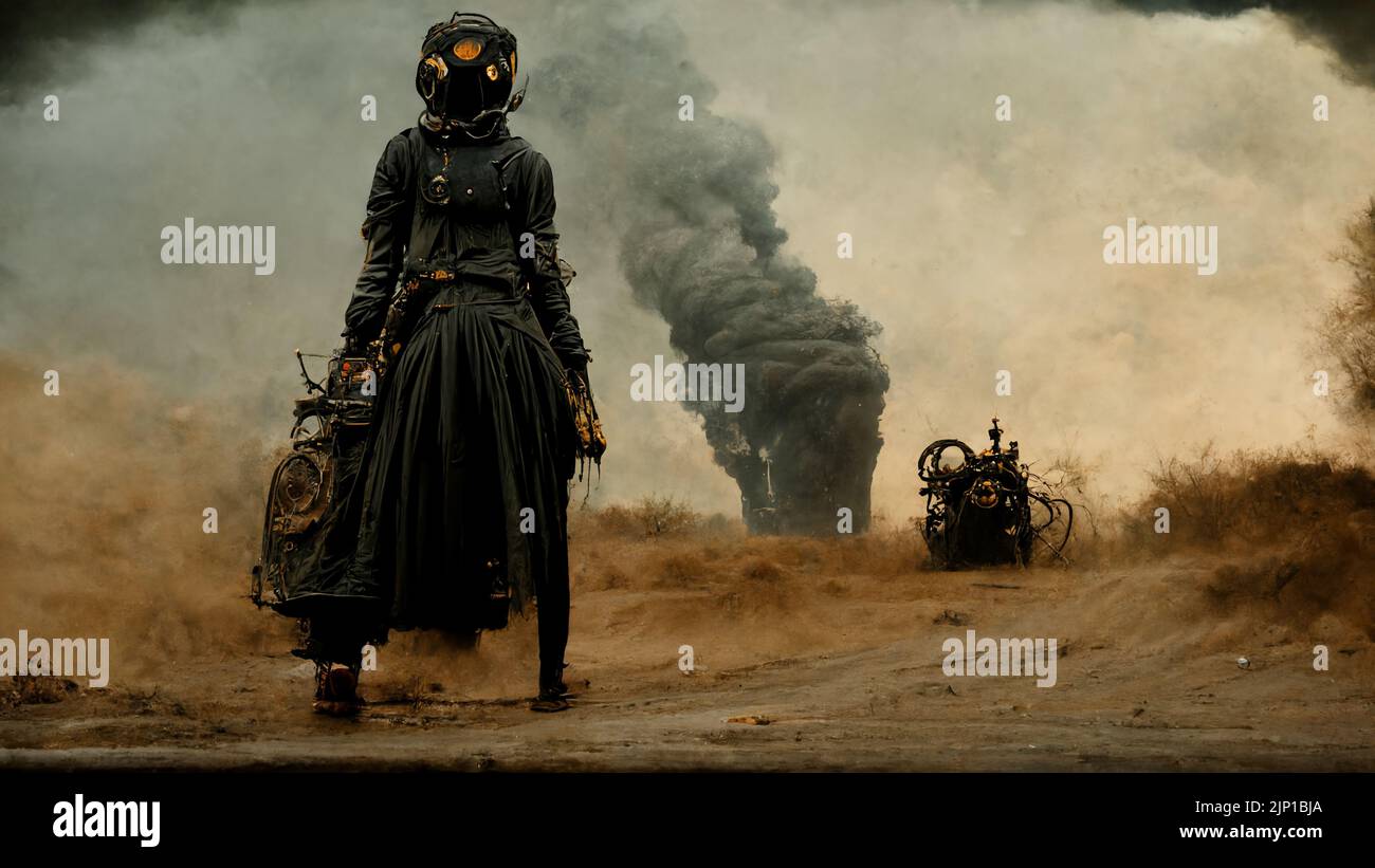 Abstract steampunk woman on destruction background. Fantasy picture, post apocalypse concept Stock Photo
