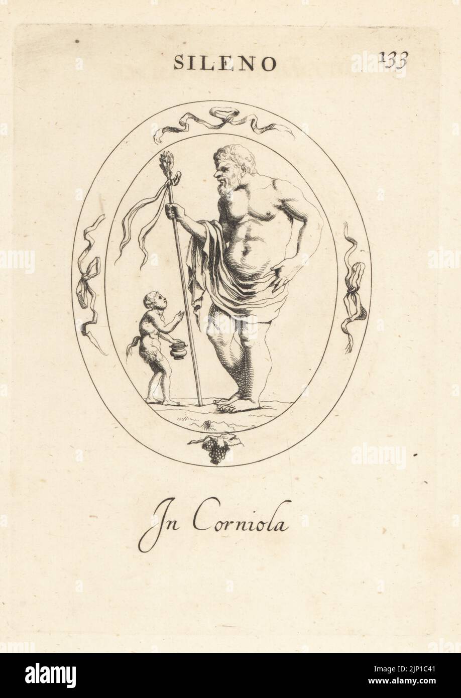 Figure of bearded satyr Silenus, companion to the Greek god of wine Dionysus, with faun, bunch of grapes and ribbons in the boder.. In carnelian. Sileno. In corniola. Copperplate engraving by Giovanni Battista Galestruzzi after Leonardo Agostini from Gemmae et Sculpturae Antiquae Depicti ab Leonardo Augustino Senesi, Abraham Blooteling, Amsterdam, 1685. Stock Photo