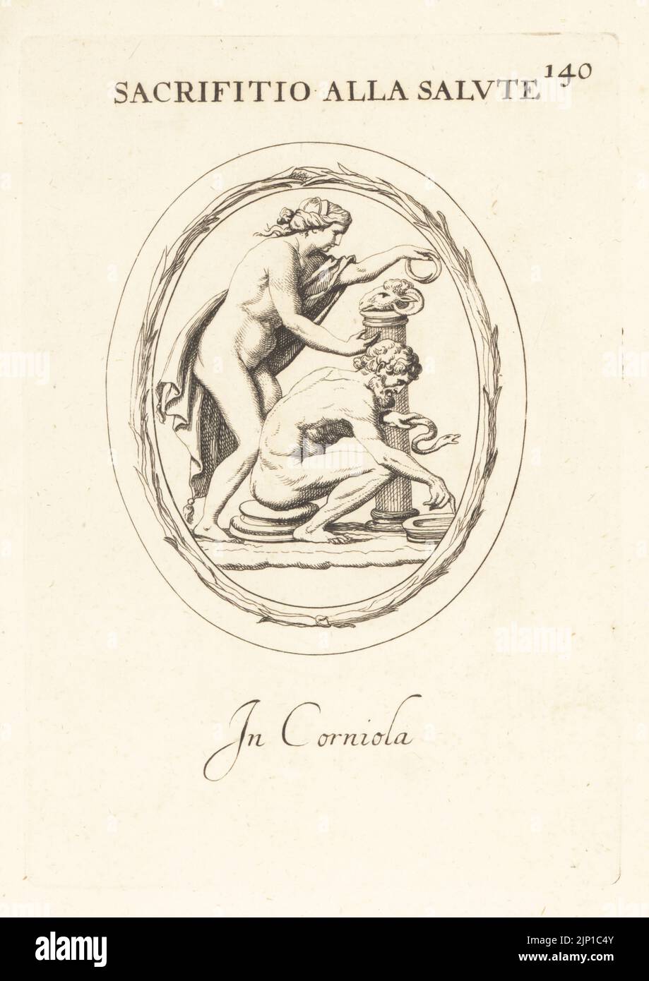 Rustic man and woman making a sacrifice to health. Offering a serpent to Aesculapius, and a ram's head on an altar. In carnelian. Sacrifitio alla Salute. In corniola. Copperplate engraving by Giovanni Battista Galestruzzi after Leonardo Agostini from Gemmae et Sculpturae Antiquae Depicti ab Leonardo Augustino Senesi, Abraham Blooteling, Amsterdam, 1685. Stock Photo