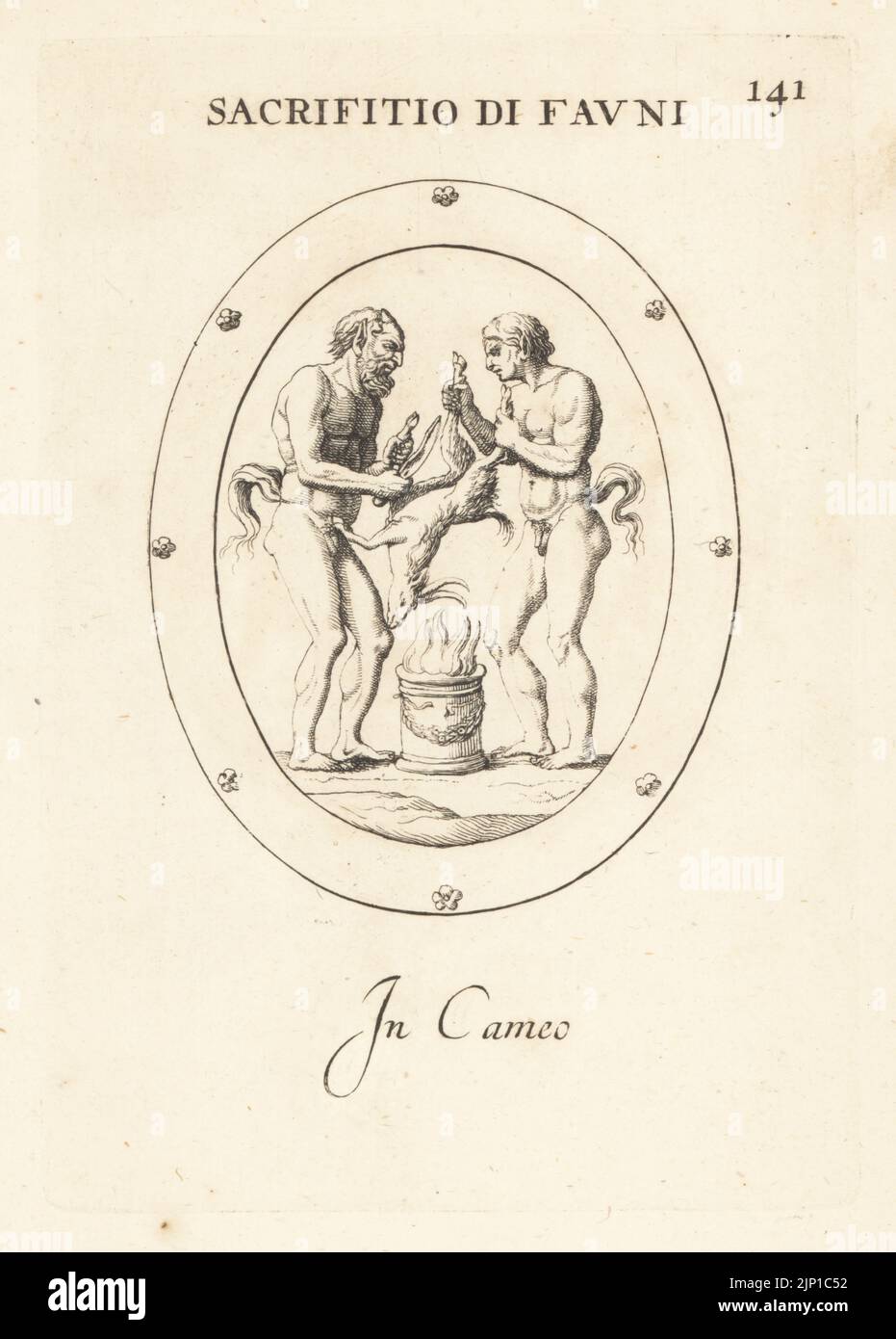 Two fauni, with tails and pointed ears, sacrificing a goat at an altar. Faunus, Roman gods of the forest, making an offering to Bacchus or Dionysus Aegobolus in Boeotia. Sacrifitio di Fauni. In cameo. Copperplate engraving by Giovanni Battista Galestruzzi after Leonardo Agostini from Gemmae et Sculpturae Antiquae Depicti ab Leonardo Augustino Senesi, Abraham Blooteling, Amsterdam, 1685. Stock Photo