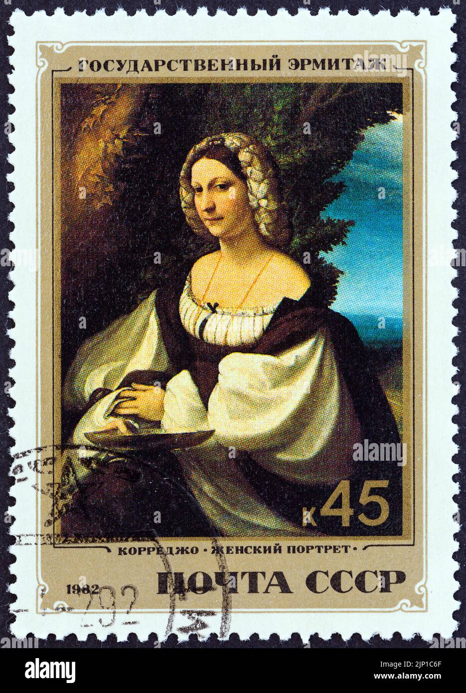 USSR - CIRCA 1982: A stamp printed in USSR from the 'Italian Paintings in the Hermitage Museum' issue shows Portrait of a Woman (Correggio). Stock Photo