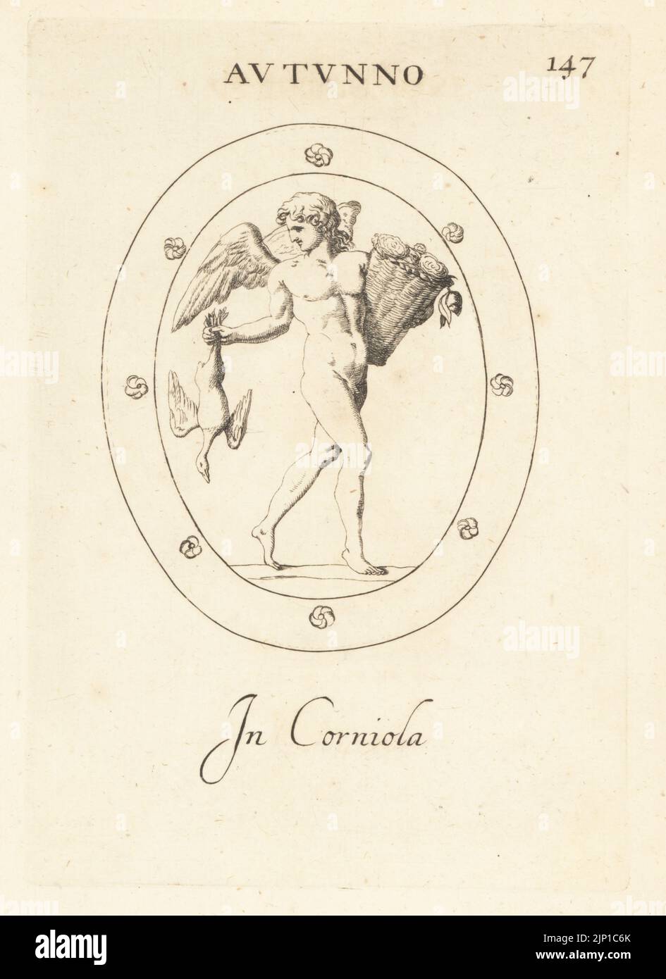 Winged male figure of Autumnus, Roman god of the fall. With basket of harvested vegetables and a goose. In carnelian. Autunno. In corniola. Copperplate engraving by Giovanni Battista Galestruzzi after Leonardo Agostini from Gemmae et Sculpturae Antiquae Depicti ab Leonardo Augustino Senesi, Abraham Blooteling, Amsterdam, 1685. Stock Photo