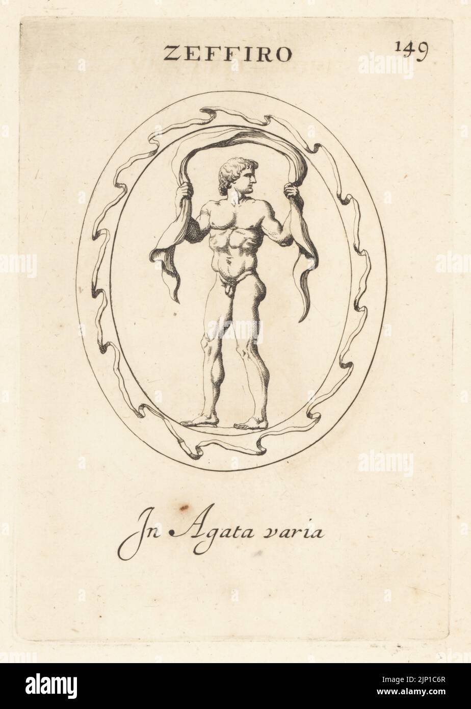 Figure of Zephyrus, Greek god of the west wind. Naked youth holding a sash or fascia above his head flapping in the breeze. In variegated agate. Zeffiro. In agata varia. Copperplate engraving by Giovanni Battista Galestruzzi after Leonardo Agostini from Gemmae et Sculpturae Antiquae Depicti ab Leonardo Augustino Senesi, Abraham Blooteling, Amsterdam, 1685. Stock Photo