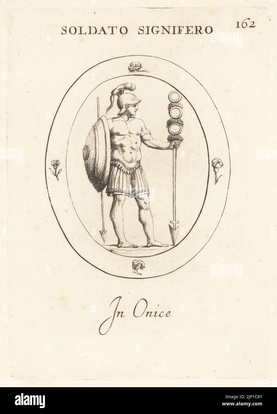 Roman standard bearer or signifer with the cohort's standard. Legoinary in crested helmet, breastplate, armour, shield or scutus, spear or hasta, standard or signum with its point in the ground. In onyx. Soldato Signifero. In onice. Copperplate engraving by Giovanni Battista Galestruzzi after Leonardo Agostini from Gemmae et Sculpturae Antiquae Depicti ab Leonardo Augustino Senesi, Abraham Blooteling, Amsterdam, 1685. Stock Photo