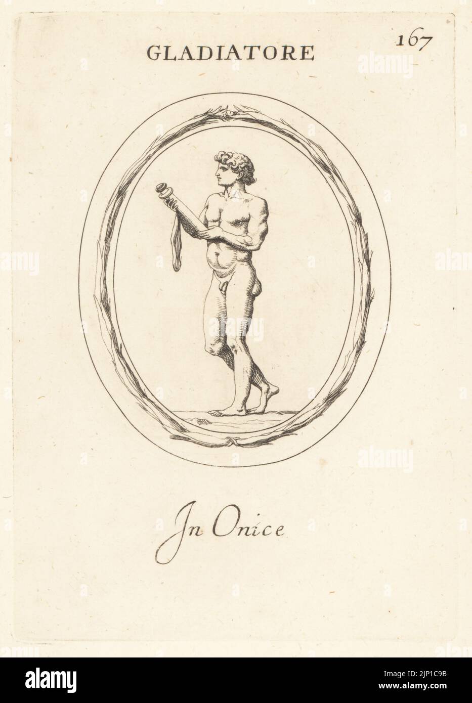 Naked Roman Rudiarius gladiator with wooden sword or rudis after earning his freedom, In onyx. Gladiatore. In onice. Copperplate engraving by Giovanni Battista Galestruzzi after Leonardo Agostini from Gemmae et Sculpturae Antiquae Depicti ab Leonardo Augustino Senesi, Abraham Blooteling, Amsterdam, 1685. Stock Photo