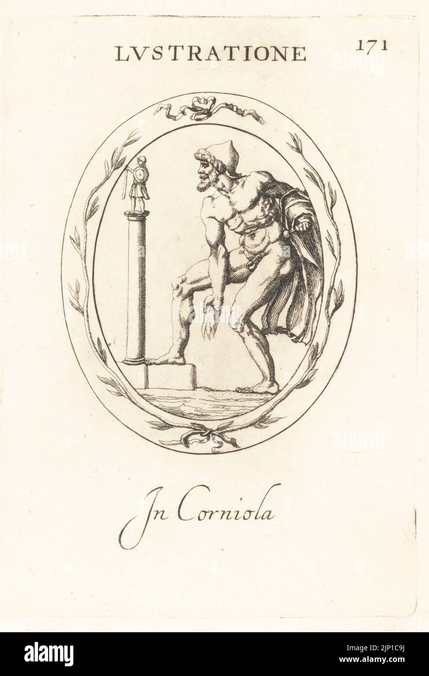 Roman priest performing a purification ritual or lustration. Naked Bellonarius with hat and cloak, washing himself in front of a column to Bellona, goddess of war. In carnelian. Lustratione. In corniola. Copperplate engraving by Giovanni Battista Galestruzzi after Leonardo Agostini from Gemmae et Sculpturae Antiquae Depicti ab Leonardo Augustino Senesi, Abraham Blooteling, Amsterdam, 1685. Stock Photo