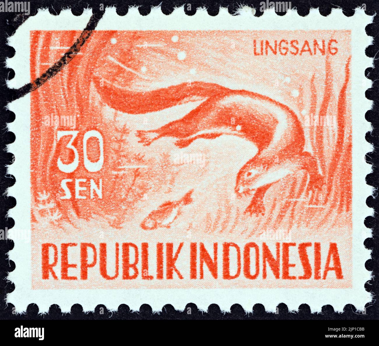 INDONESIA - CIRCA 1956: A stamp printed in Indonesia shows Smooth-coated otter (Lutrogale perspicillata), circa 1956. Stock Photo
