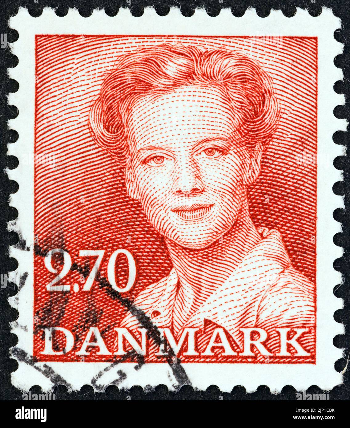 DENMARK - CIRCA 1982: A stamp printed in Denmark shows Queen Margrethe II, circa 1982. Stock Photo