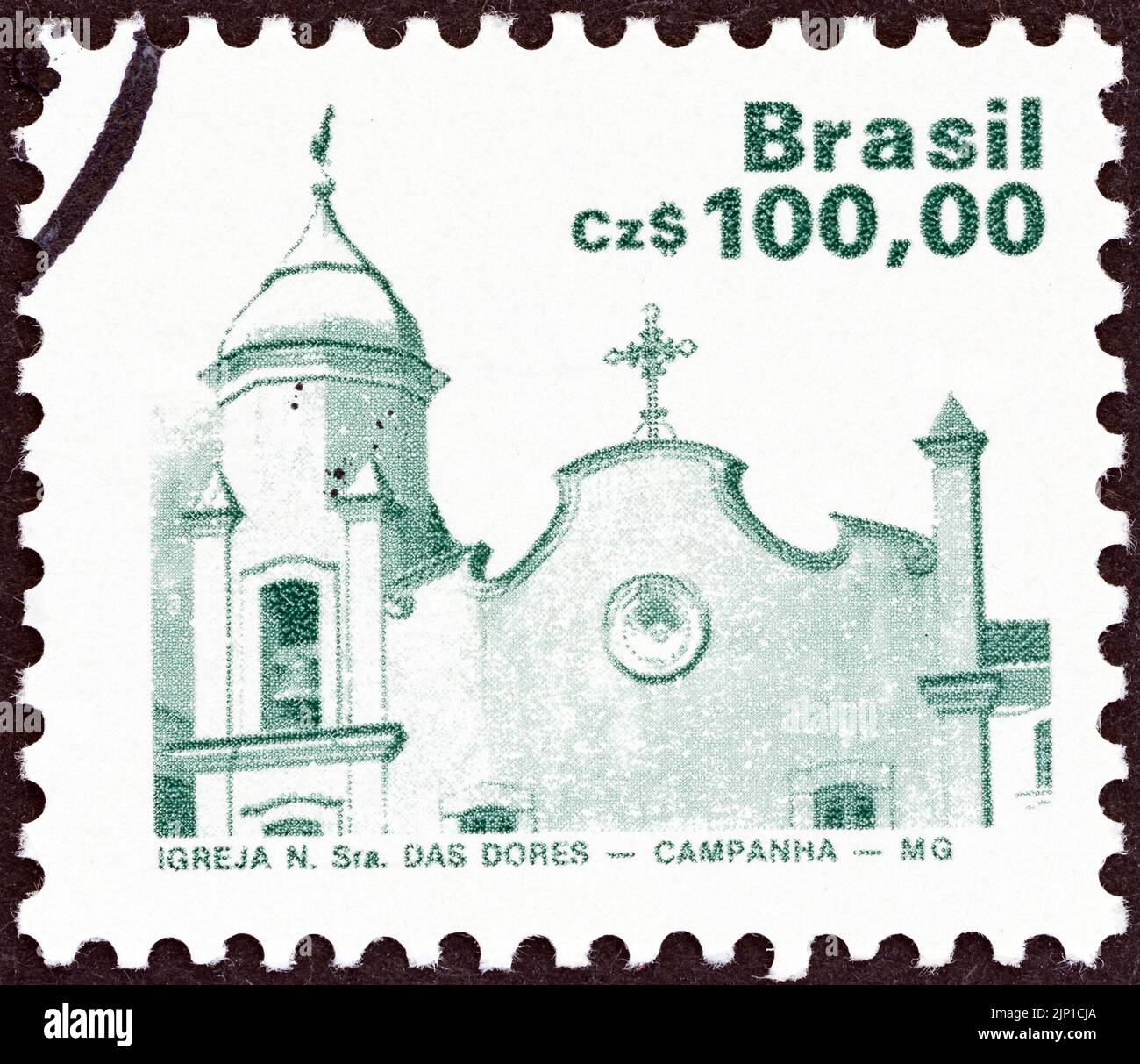 BRAZIL - CIRCA 1986: A stamp printed in Brazil shows Church of Our Lady of Sorrows, Campanha, circa 1986. Stock Photo